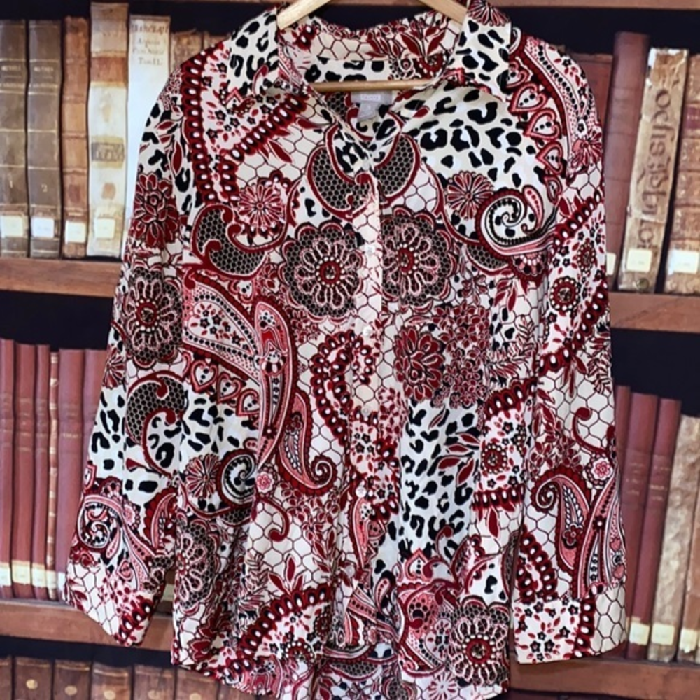 Chico's Paisley Leopard Print Roll Tab Blouse XL